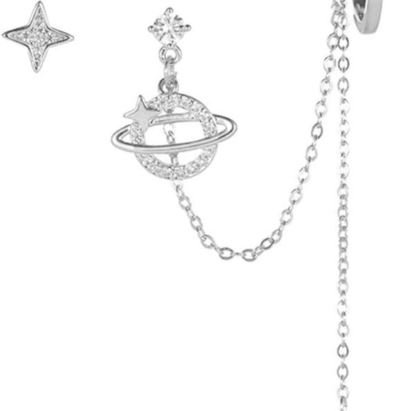 Planet CZ Moon Star Ear Cuff Wrap Clip On Crawler Climber Hoop 925 Sterling Silv - Picture 1 of 6